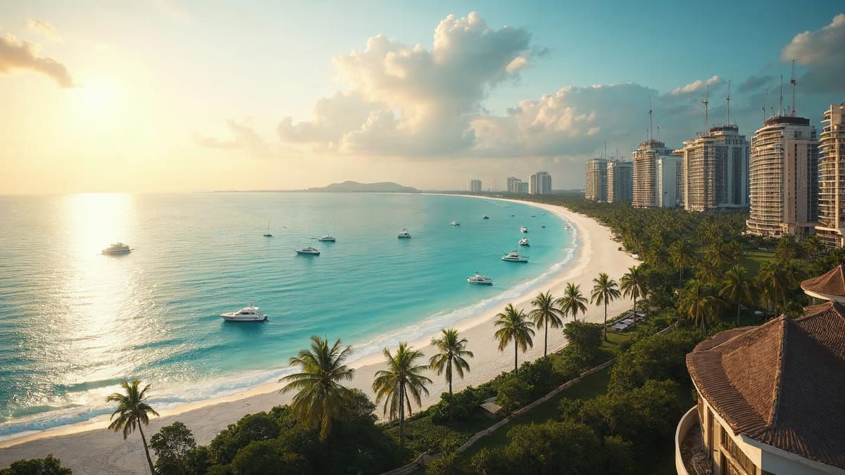 AI-generated illustration of a tropical bay with new towers along the beach